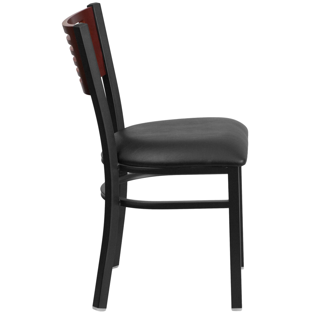 Black Slat Back Metal Restaurant Chair with Wood Back and Vinyl Seat Z414