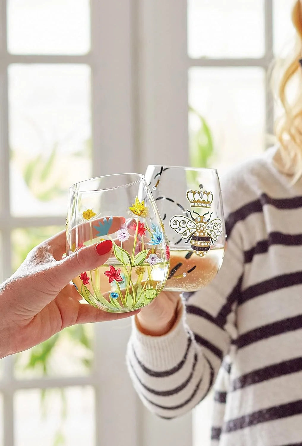 Hand-Painted Stemless Wine Glass, 20 Ounce, Multicolor S14394