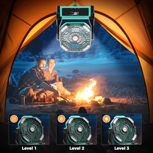 Portable Camping Fan, 20000mAh Rechargeable Battery Operated Fans with Lights, 4 Speed, Adjustable Brightness (Blue Black) Z95482
