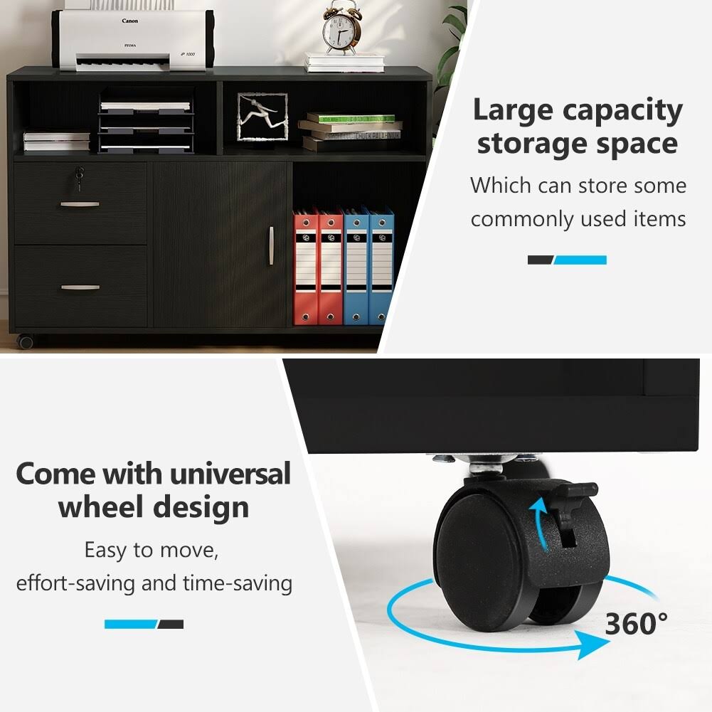 Black 2 Drawer Mobile Lateral File Cabinet with Storage Shelf D56312
