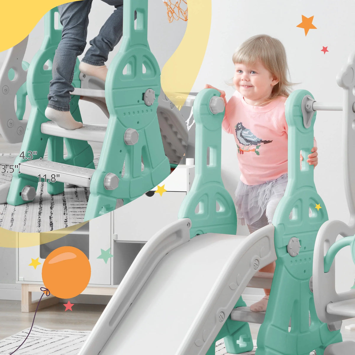 3 in 1 Toddler Slide and Swing Set with Basketball Hoops Green F650886