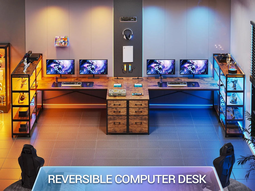Reversible U Shaped Computer Desk with Power Outlet and LED Strip Y5094