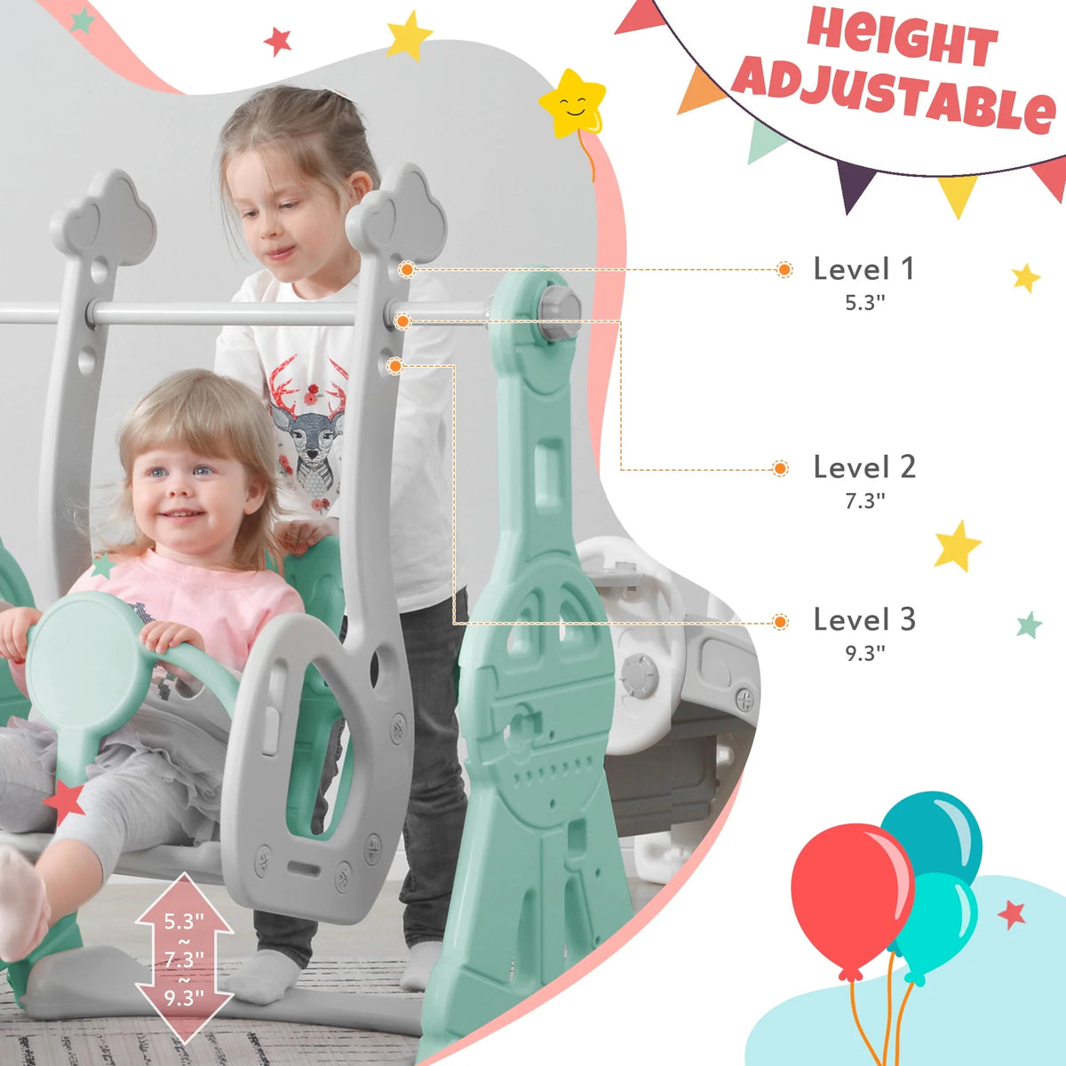 3 in 1 Toddler Slide and Swing Set with Basketball Hoops Green F650886