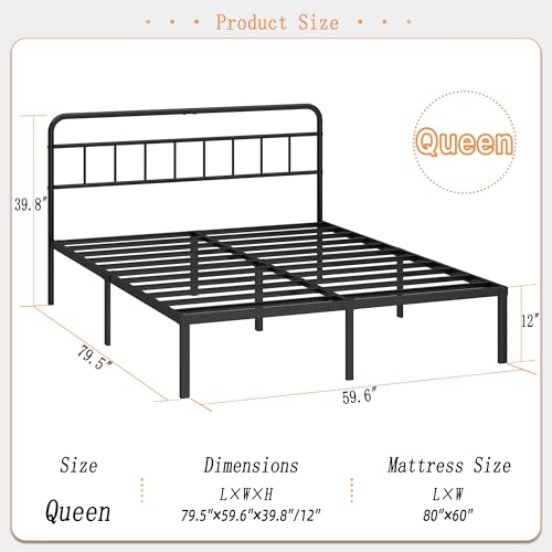 12 inches Full Size Black Metal Bed Frame with Headboard Y44662