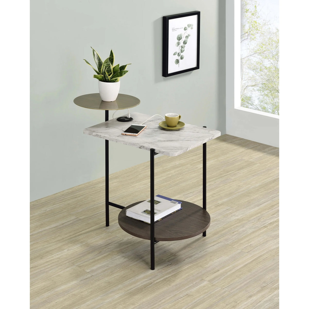 3-tier Wood Side Table with Wireless Charger R522