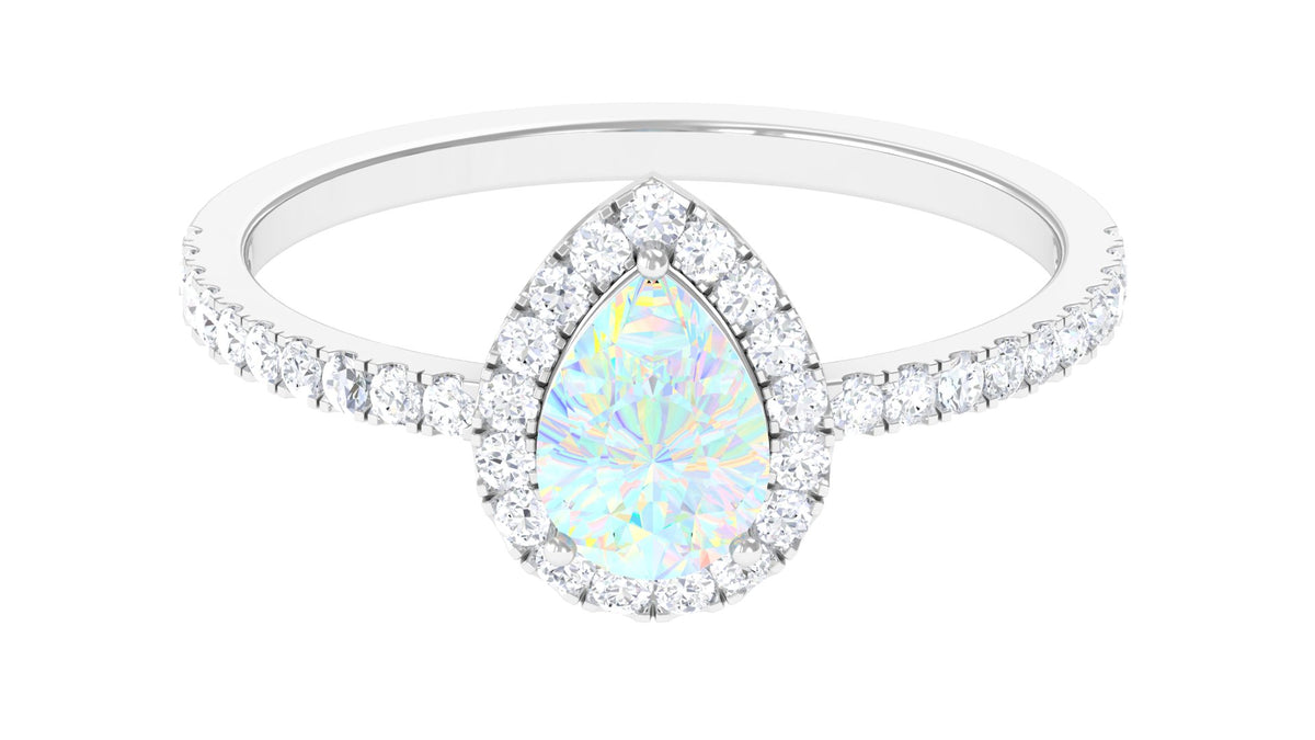 14K White Gold Teardrop Ring with Diamond Halo X249