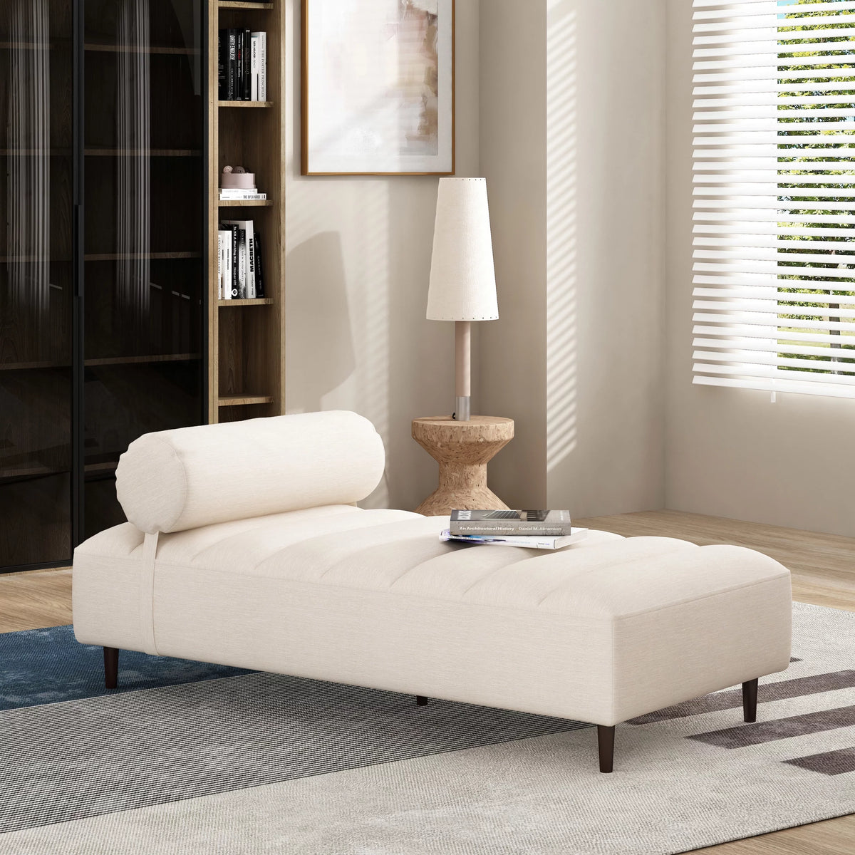 Beige Fabric Tufted Chaise Lounge with Bolster Pillow T352