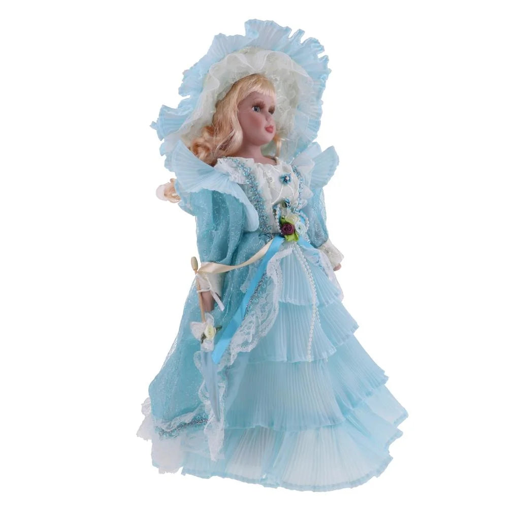16inch Porcelain Doll with Stand, Lady Figures with Dress Hat, Dollhouse Accessories X8154