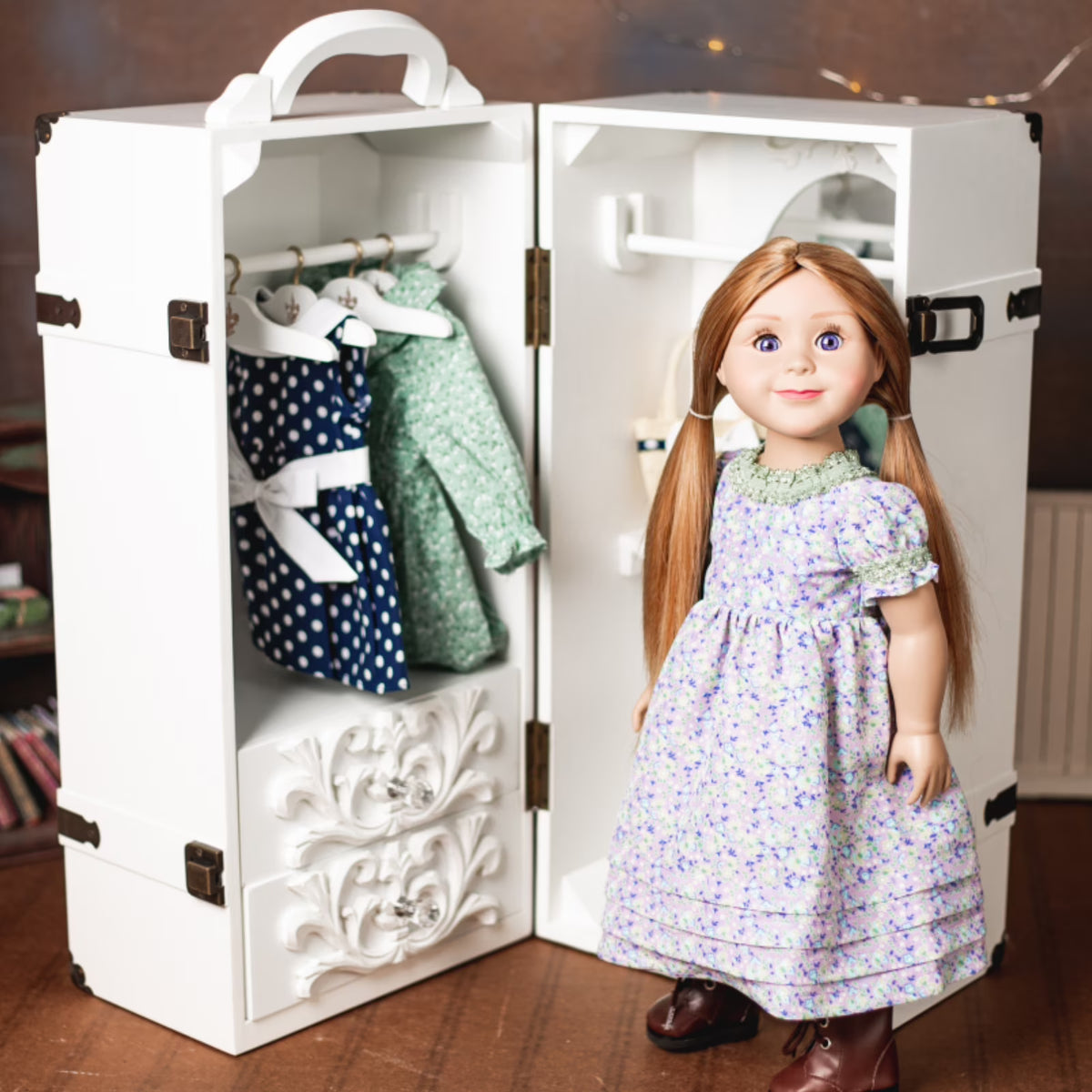 18 Inch Doll Clothes Storage Case Wooden Trunk with Vanity, Stool, Hangers X229