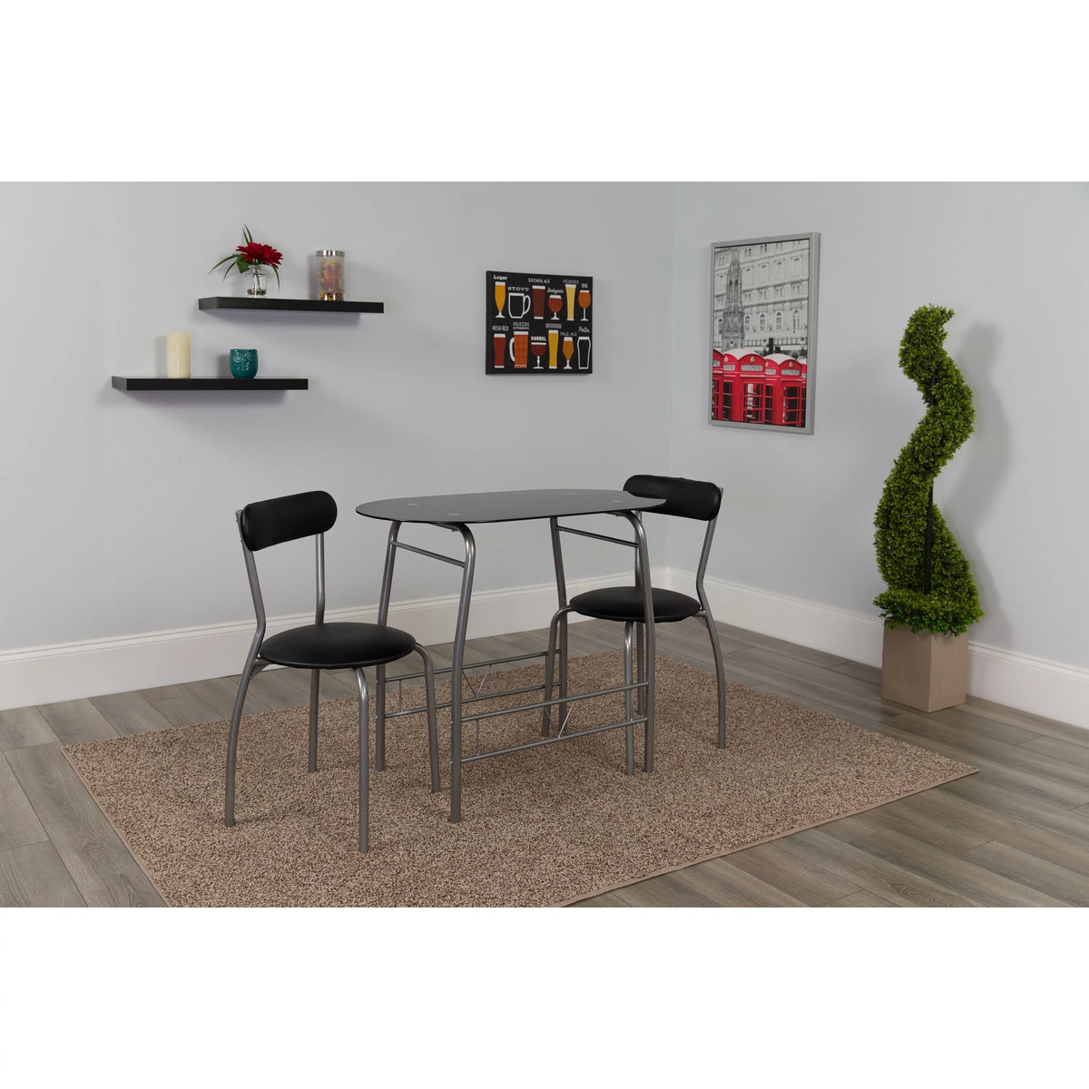 3 Piece Bistro Set with Black Glass Top Table and Black Vinyl Chairs J696