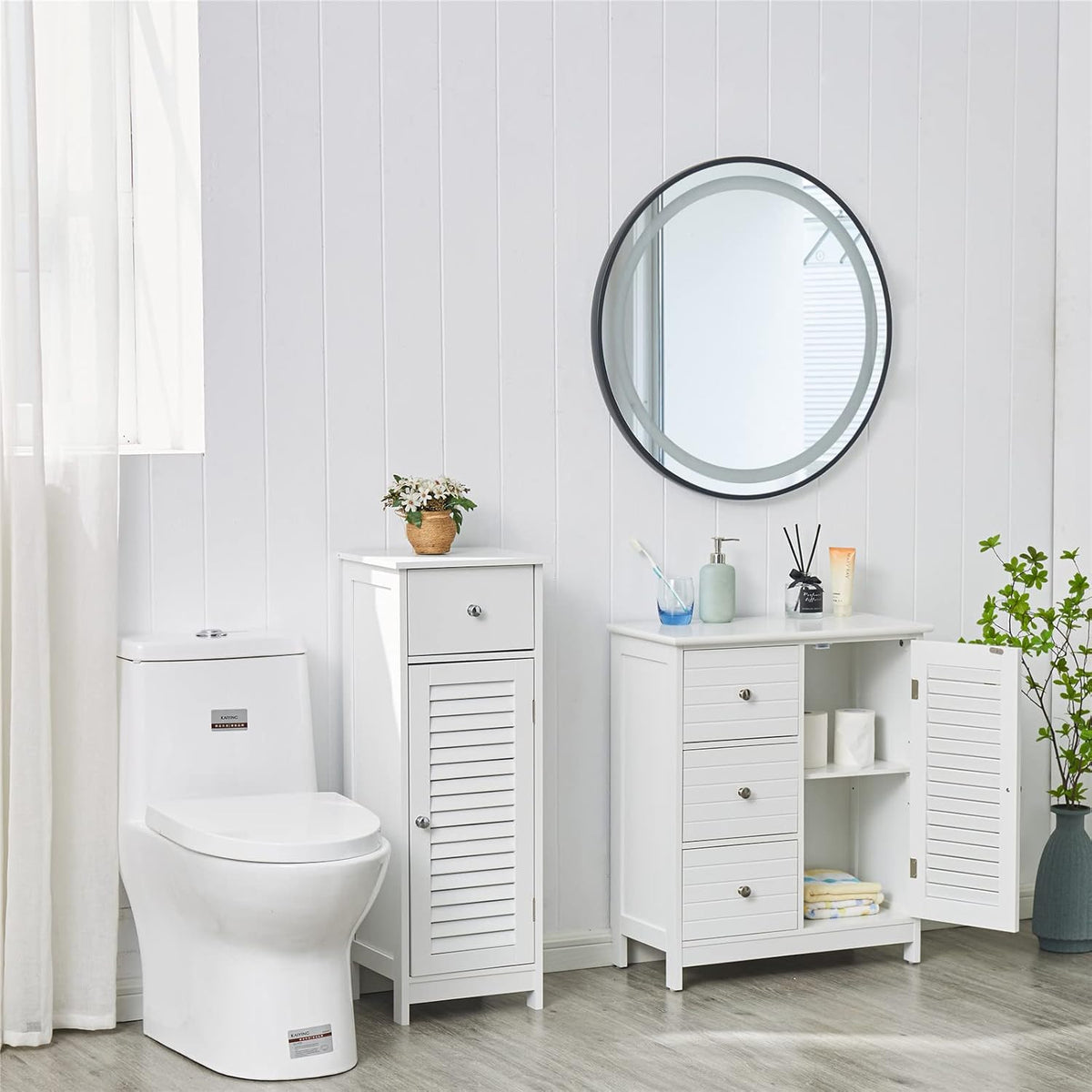 White Bathroom Storage Cabinet with 3 Drawers and 1 Two Layers Cabinet X2694