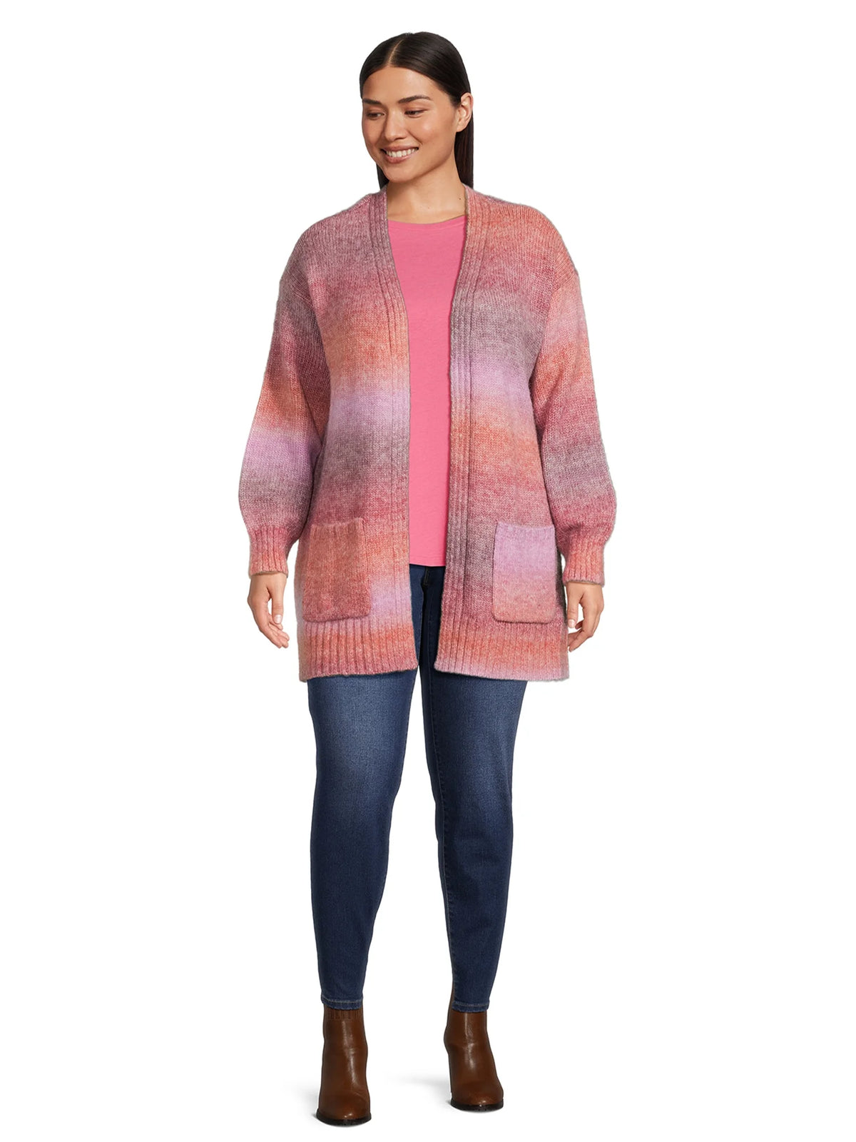 Women's Plus Size Drop Shoulder Open Cardigan with Balloon Sleeves D1474