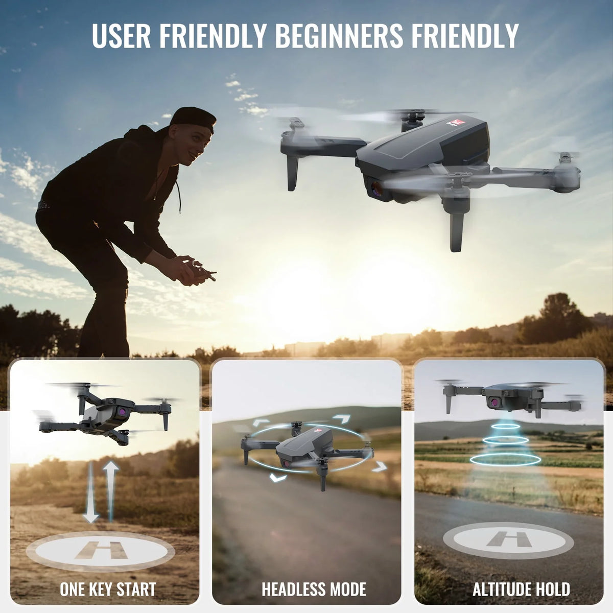 Mini Foldable Drone, 1080P HD FPV Camera Wifi RC Quadcopter, Voice/Gesture Control, Black U5784