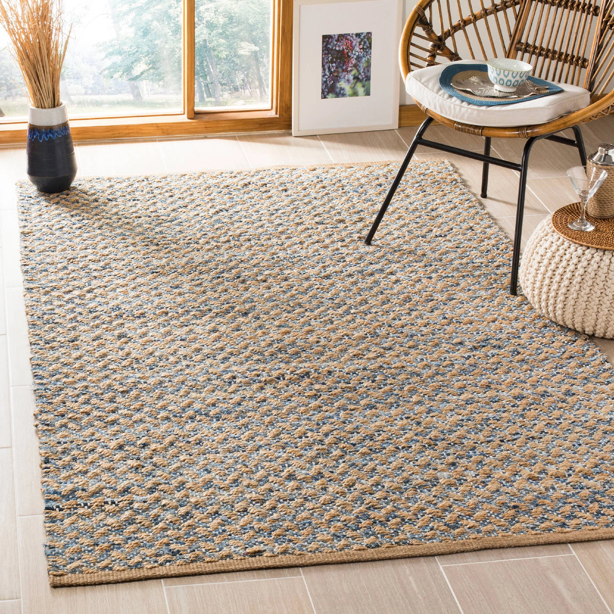 8' x 10' Blue Natural Jute Geometric Area Rug H917