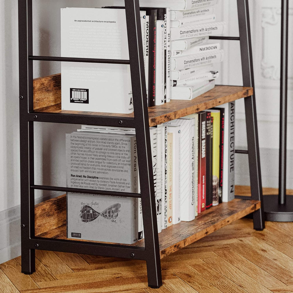 Industrial Bookshelves and Bookcases, Ladder Shelf 5 Tier with Metal Frame, Rustics Brown G2840