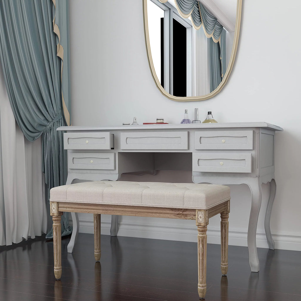 Beige Upholstered Bench with Carved Wood Legs E30301