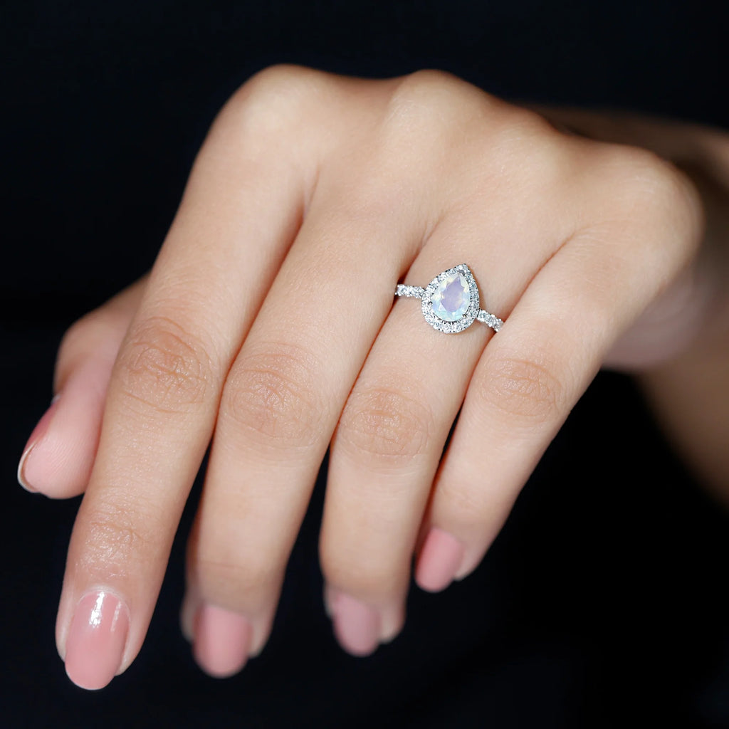 14K White Gold Teardrop Ring with Diamond Halo X249