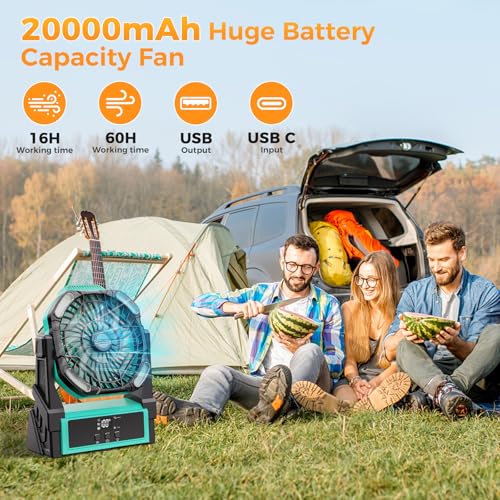 Portable Camping Fan, 20000mAh Rechargeable Battery Operated Fans with Lights, 4 Speed, Adjustable Brightness (Blue Black) Z95482