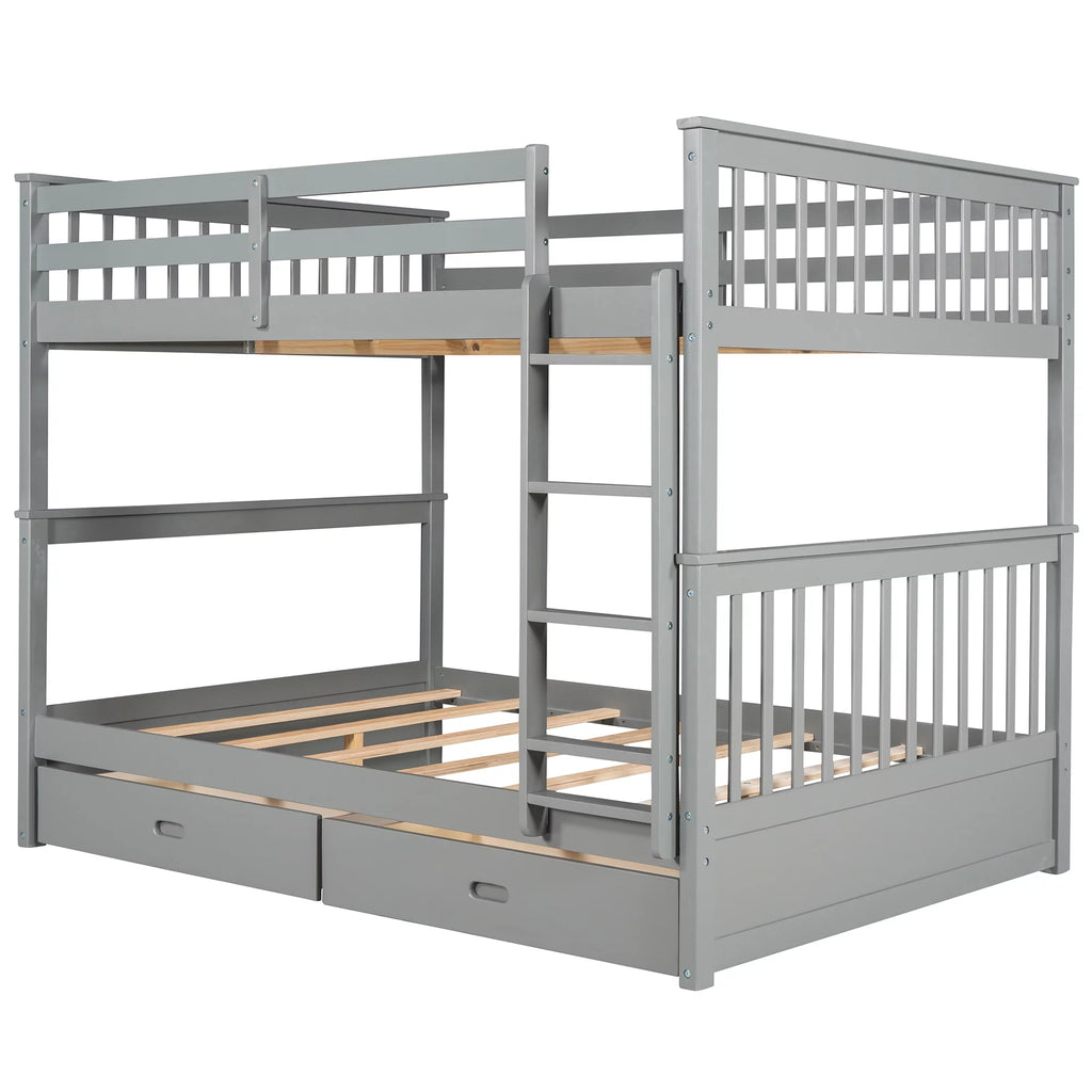 Full over Full Bunk Bed with Ladder and 2 Drawers, Gray U593688