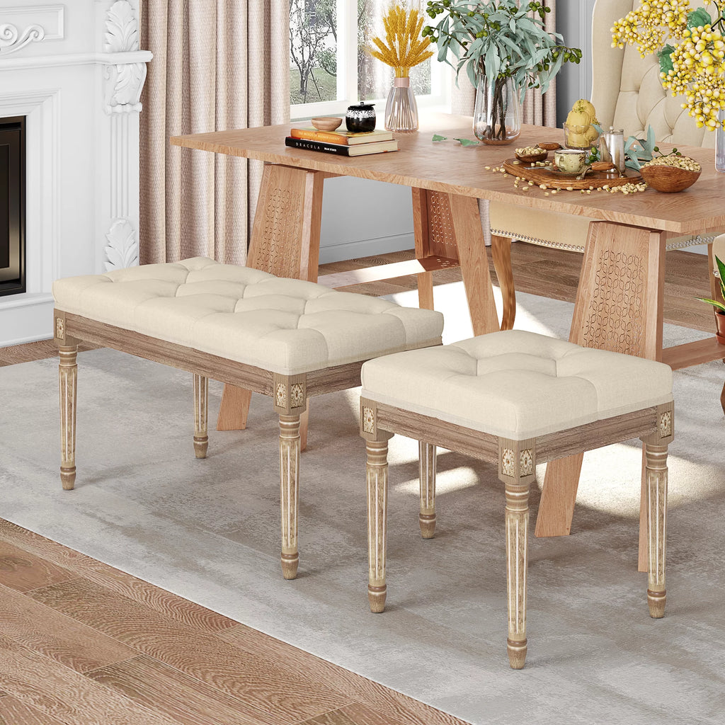 Beige Upholstered Bench with Carved Wood Legs E30301