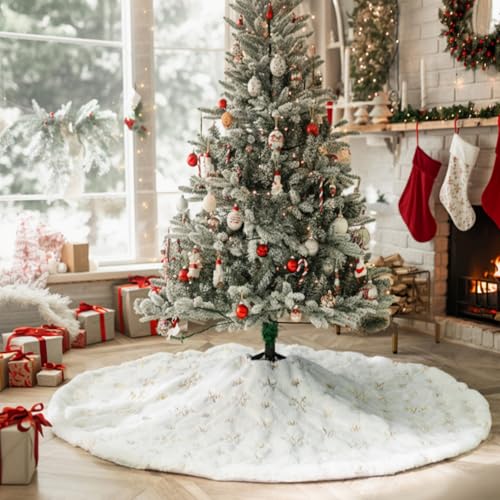 48 Inch White Faux Fur Christmas Tree Skirt with Sequin Snowflakes O448