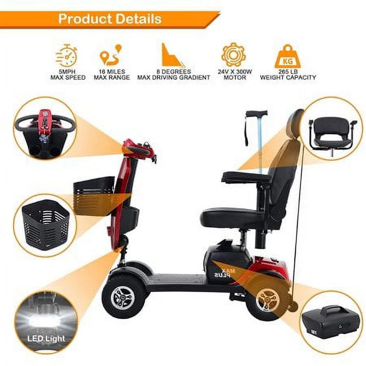 4 Wheels Mobility Scooter with LED Lights and USB Port K8858