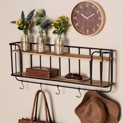 5 - Hook Wall Mounted Coat Rack with Storage in Oak/Black N7486