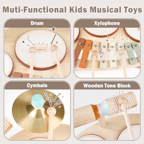 9 in 1 Wooden Musical Instruments Drum Set with Xylophone N24431