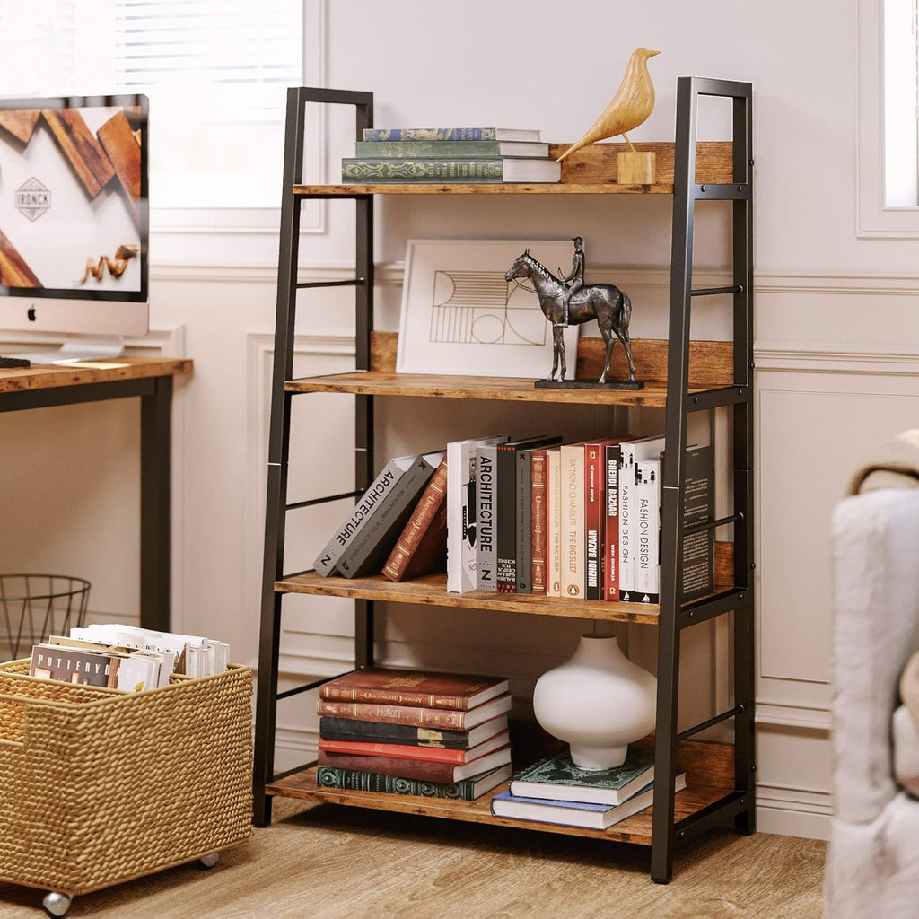 Industrial Bookshelves and Bookcases, Ladder Shelf 5 Tier with Metal Frame, Rustics Brown G2840
