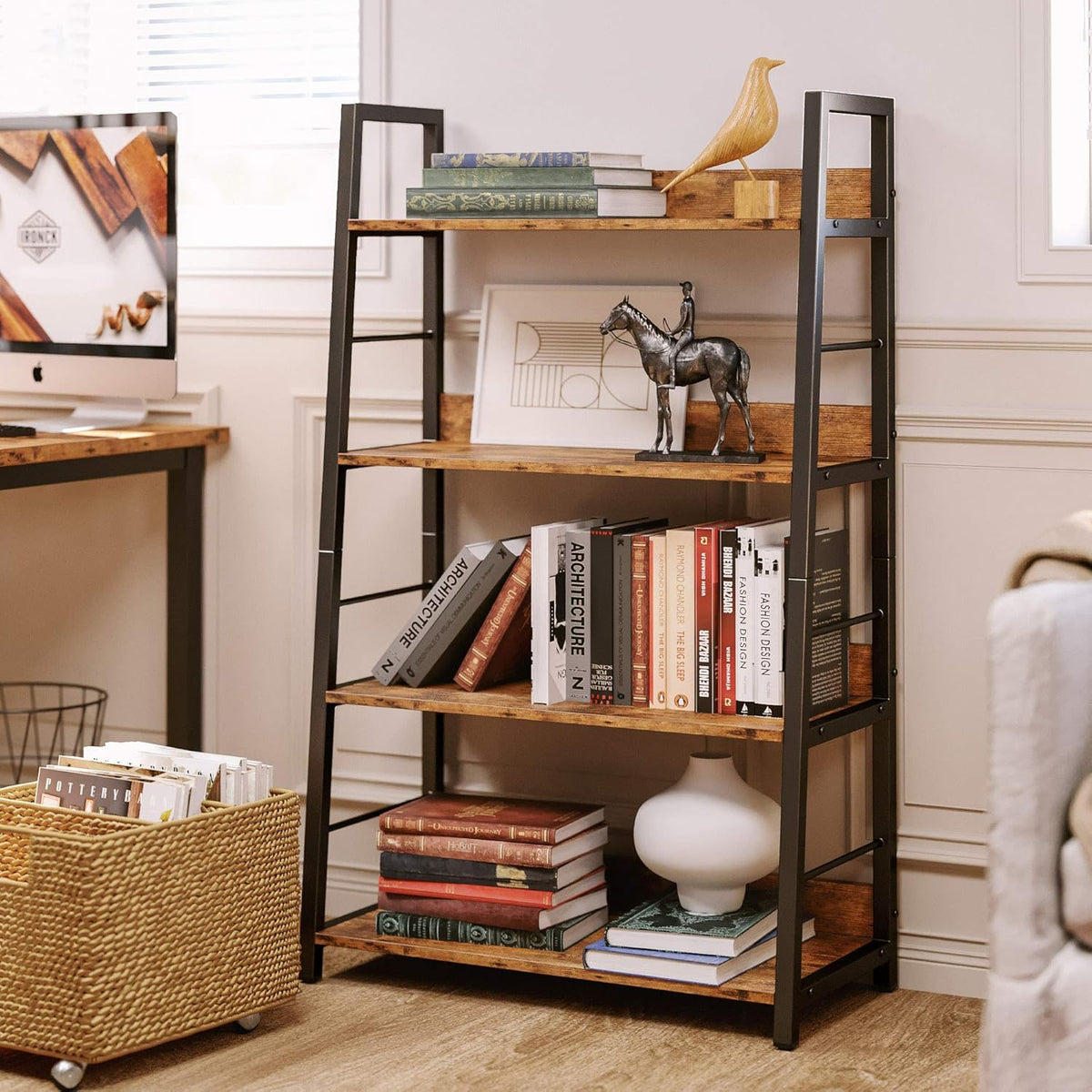 Industrial Bookshelves and Bookcases, Ladder Shelf 5 Tier with Metal Frame, Rustics Brown G2840