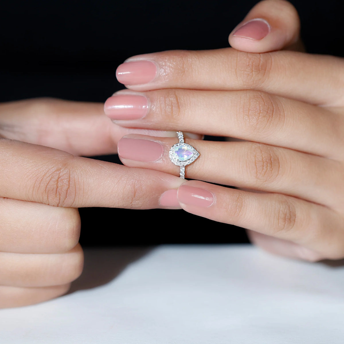 14K White Gold Teardrop Ring with Diamond Halo X249