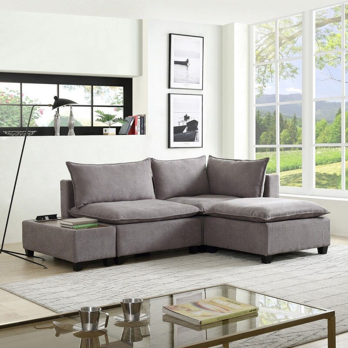 Light Gray Fabric Sectional Loveseat with Ottoman U111274