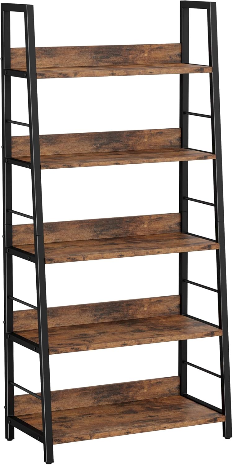 Industrial Bookshelves and Bookcases, Ladder Shelf 5 Tier with Metal Frame, Rustics Brown G2840
