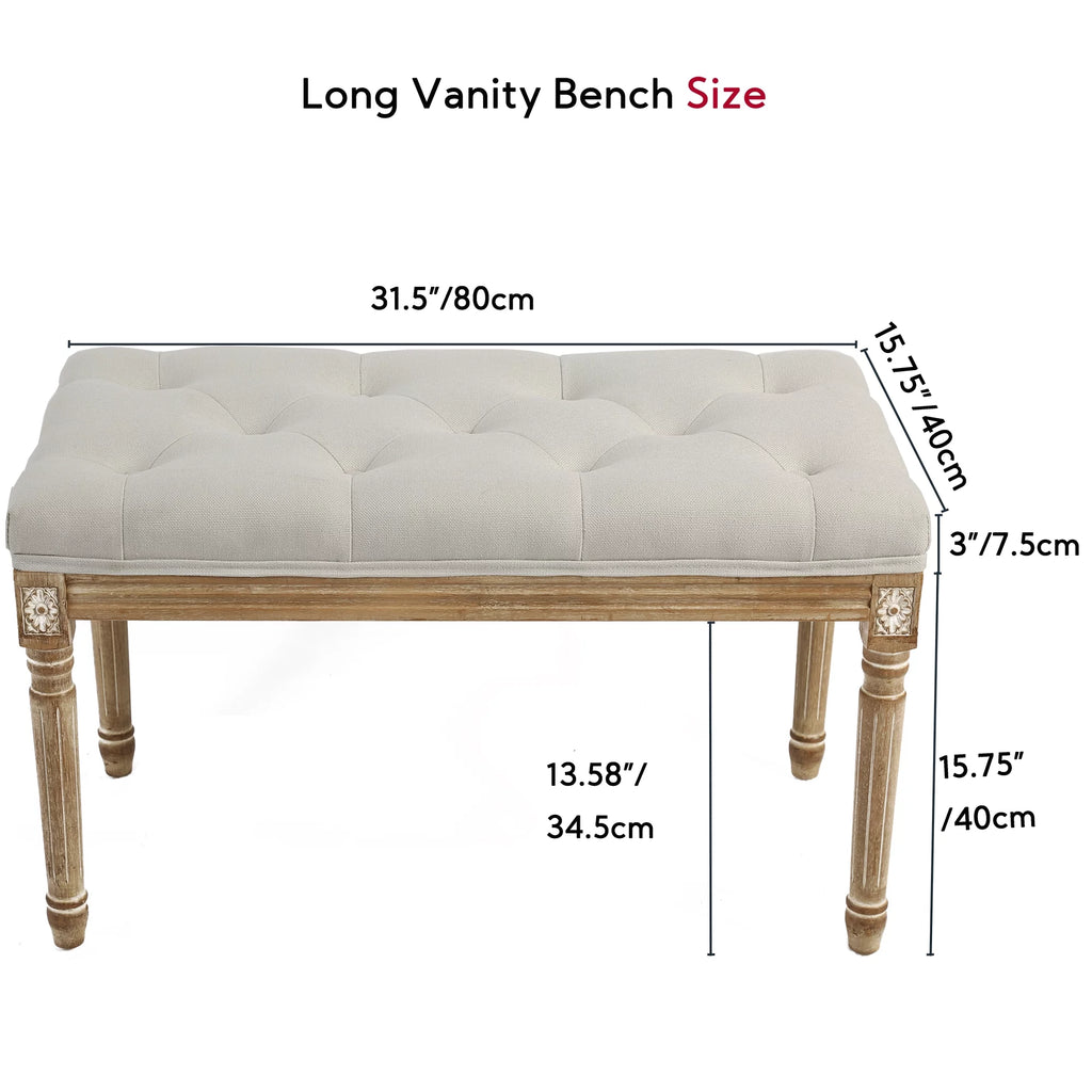 Beige Upholstered Bench with Carved Wood Legs E30301
