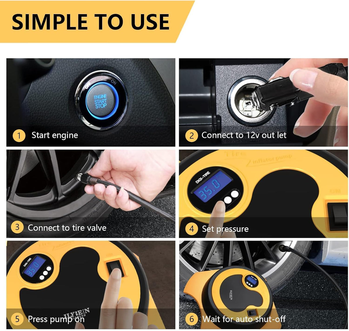 Tire Inflator Portable Air Compressor, DC 12V Auto Tire Pump, Digital Air Pump with LED Light, Long Power Cord Auto Shut Off, Pack of 2 G26508