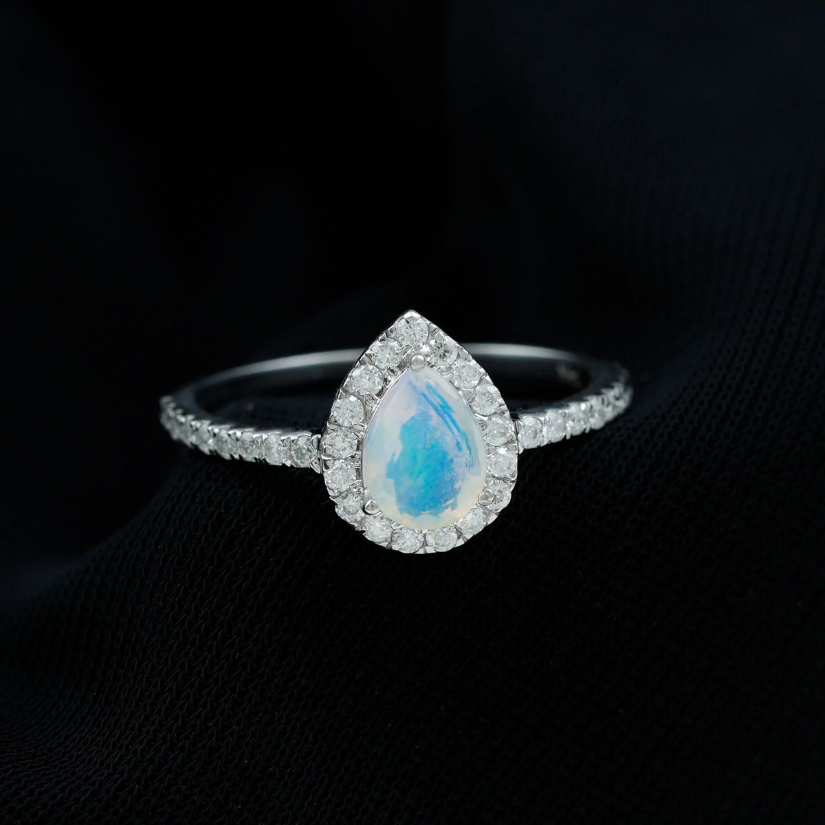 14K White Gold Teardrop Ring with Diamond Halo X249