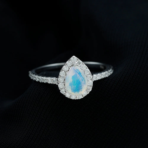14K White Gold Teardrop Ring with Diamond Halo X249