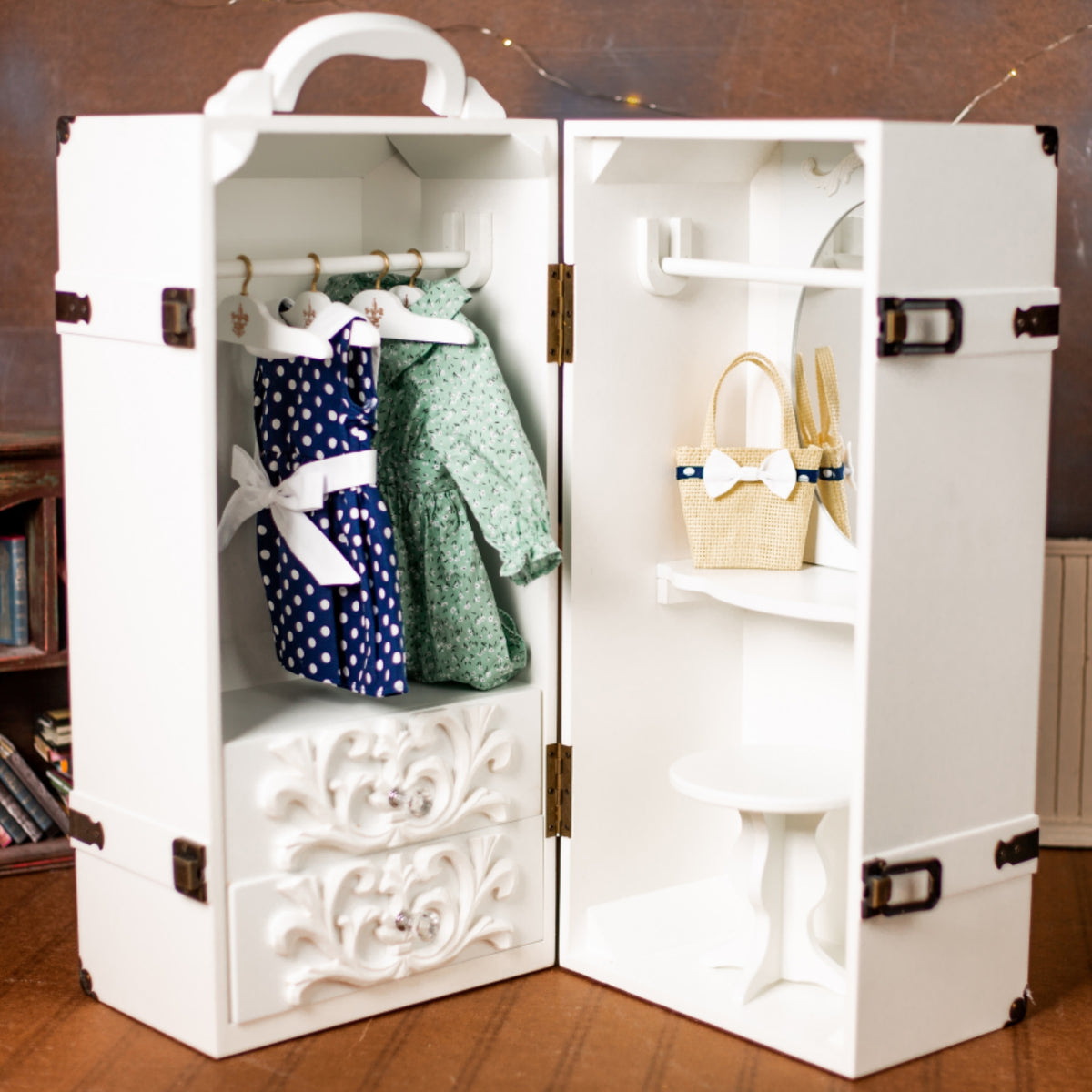18 Inch Doll Clothes Storage Case Wooden Trunk with Vanity, Stool, Hangers X229