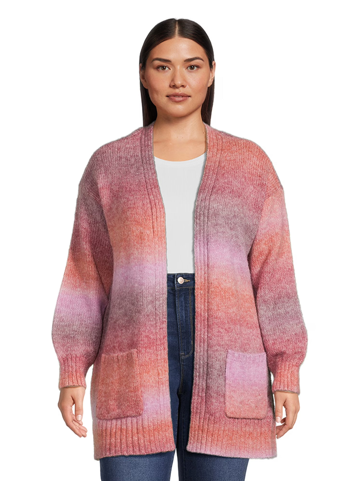 Women's Plus Size Drop Shoulder Open Cardigan with Balloon Sleeves D1474